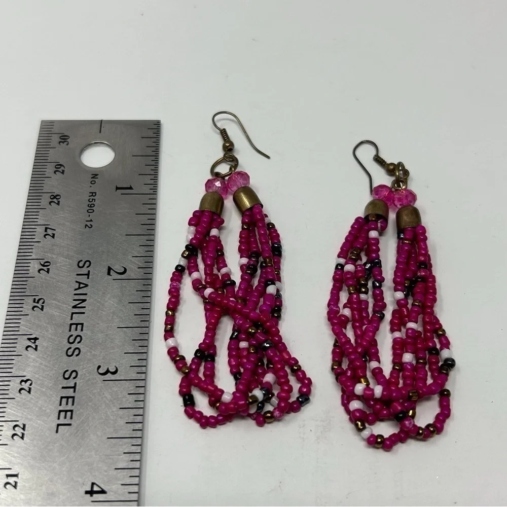 Pink Long Layered Beaded Dangle Earrings